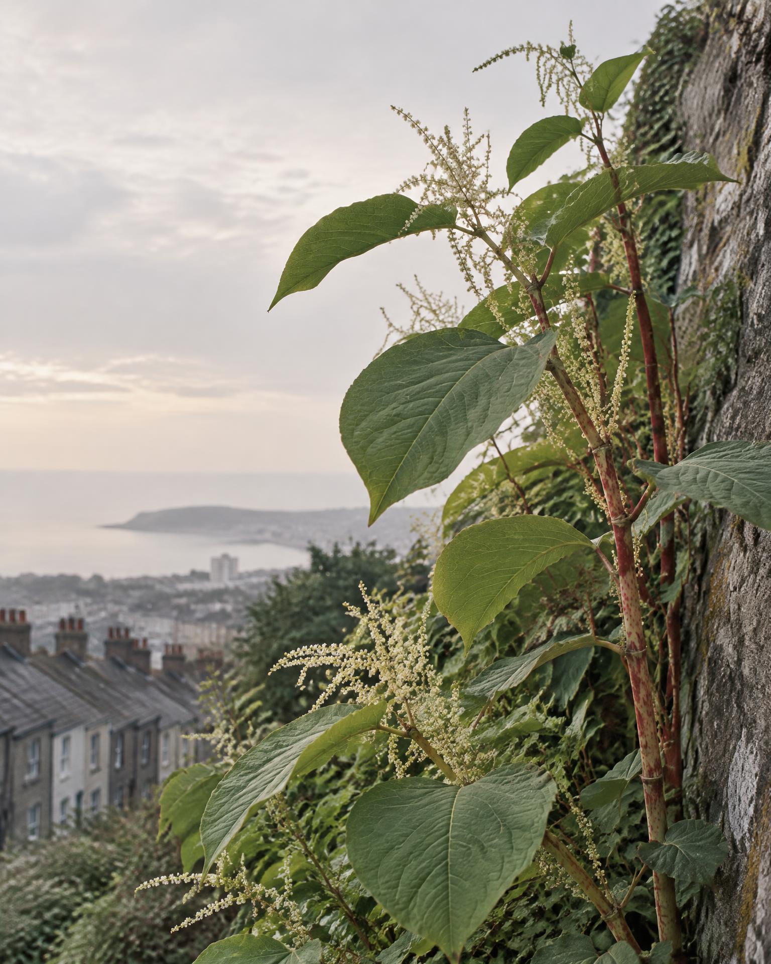 Japanese knotweed growing above Swansea rooftops and the bay